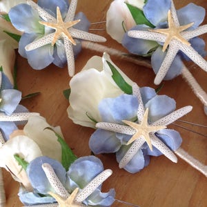 Beach Groom's Seashell Rose and Starfish Boutonniere with lots of Tiny Seashells Dusty Blue and Ivory Trim