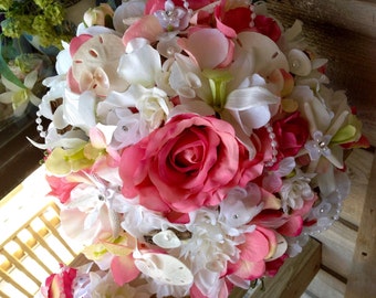 Deluxe Beach Bridal Bouquet in Blush Pinks with Driftwood Seashells Garden Roses Sweet Peas Diamonds Pearls Starfish Sand Dollars