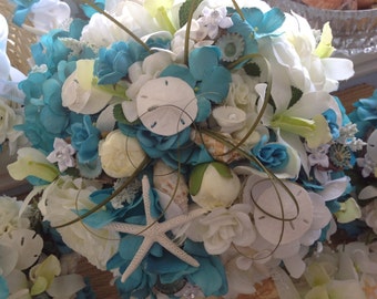 Beach Bridal Bouquet: Turquoise Hydrangea, Starfish, and Driftwood