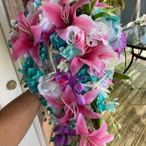Seaside Seashell Stargazer Lily Bridal Cascade Beach Bouquet with Orchids Roses Starfish and Diamonds and Pearls image 7