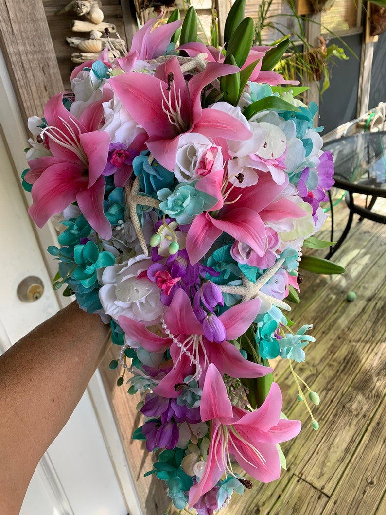 Seaside Seashell Stargazer Lily Bridal Cascade Beach Bouquet with Orchids Roses Starfish and Diamonds and Pearls image 7