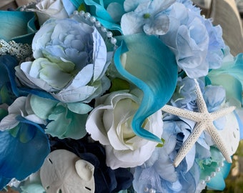 NEW Light Blue and Teal Seashell and White Hydrangea Roses Orchids Beach Bridal Bouquet with Starfish Sand Dollar and Fancy Trims