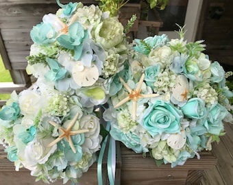 NEW Light Teal Beach Wedding Seashell Bridal Bouquet SPA Color with Starfish Diamonds Pearls Your choice of color