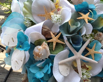 Driftwood and Seashell Turquoise and White Hydrangea and Orchid Bridal Bouquet with Starfish