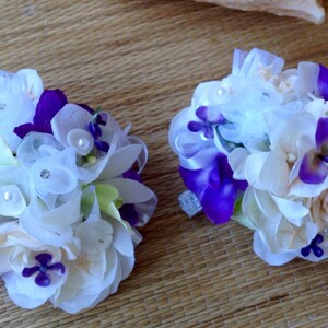 Beach Seashell Wrist Corsages for Special Events  You choose the color  Here is Purple Ivory and White with Pearl Trim
