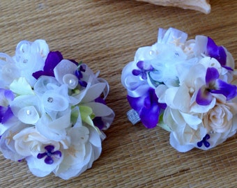 Beach Seashell Wrist Corsages for Special Events  You choose the color  Here is Purple Ivory and White with Pearl Trim
