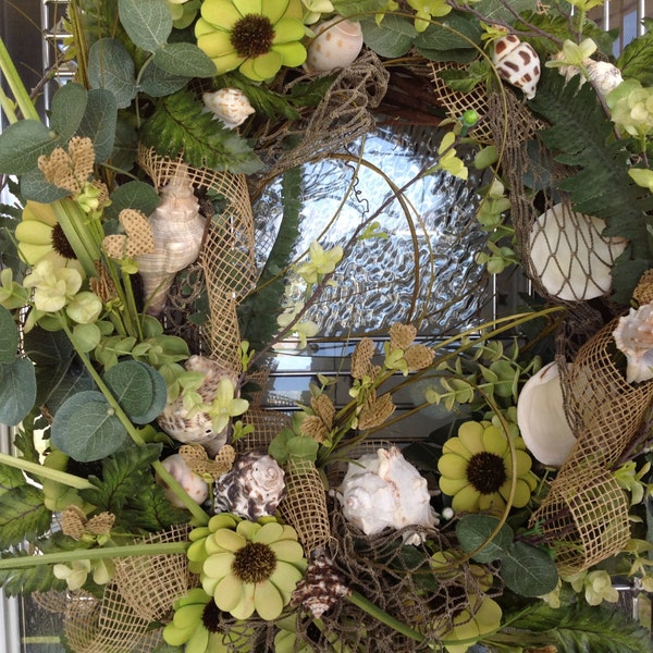 Caught from the Sea Grapevine Wreath with Big Seashells Burlap Hearts and Real Fishermans Netting