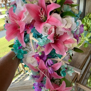 Seaside Seashell Stargazer Lily Bridal Cascade Beach Bouquet with Orchids Roses Starfish and Diamonds and Pearls image 1