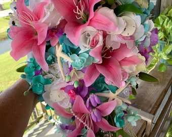 Seaside Seashell Stargazer Lily Bridal Cascade Beach Bouquet with Orchids Roses Starfish and Diamonds and Pearls