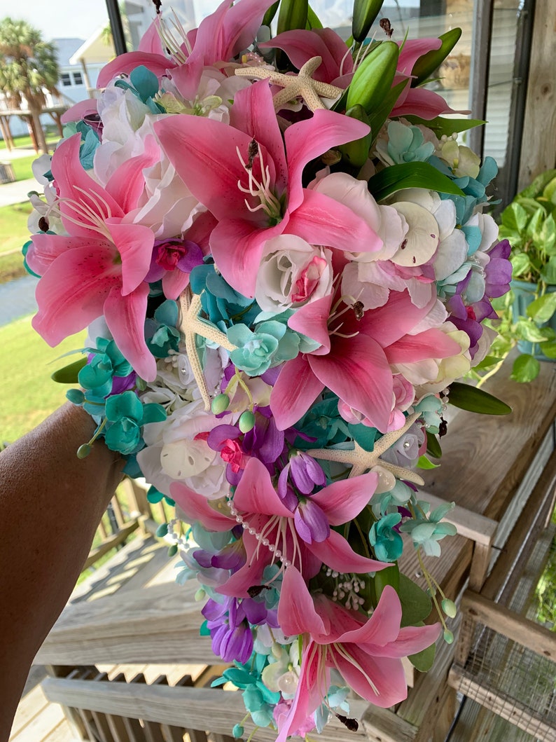 Seaside Seashell Stargazer Lily Bridal Cascade Beach Bouquet with Orchids Roses Starfish and Diamonds and Pearls image 1