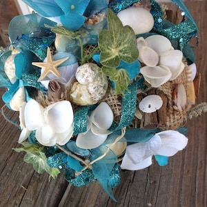 Kissing Ball Flower Girl Pomander in a Nautical Theme with Driftwood, Burlap, and Seashells Comes in any Color image 1