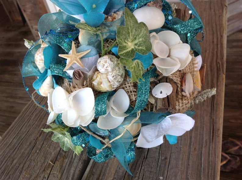 Kissing Ball Flower Girl Pomander in a Nautical Theme with Driftwood, Burlap, and Seashells Comes in any Color image 1