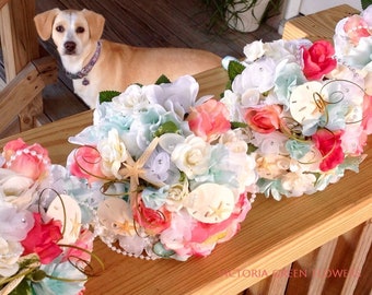 Beach Bridesmaids Wedding Seashell Bouquets with Starfish Diamonds Pearls in Sea Blues and Pinks Comes in your choice of colors