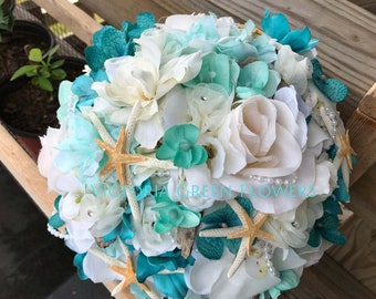 NEW Driftwood Seashell Light Turquoise and White Hydrangea Roses Orchids Beach Bridal Bouquet with Starfish Fancy Trims