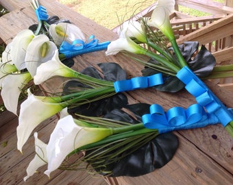 Hand Tied Calla Lily Beach Wedding Bouquets with Bear Grass and Beautiful Ribbon