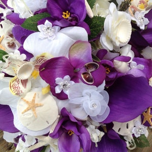 Purple Calla and Hydrangea Beach Bridal Bouquet with Sand Dollars and Diamonds and Seashells