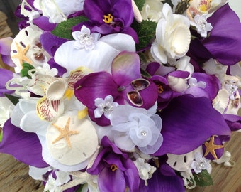 Purple Hydrangea Bridal Bouquet: Beach Wedding Bouquet with Seashells