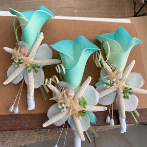 Custom Teal Calla Lily Boutonniere for Groom or Groomsmen with Starfish and Mixed Tiny Seashells Sea Grass image 2