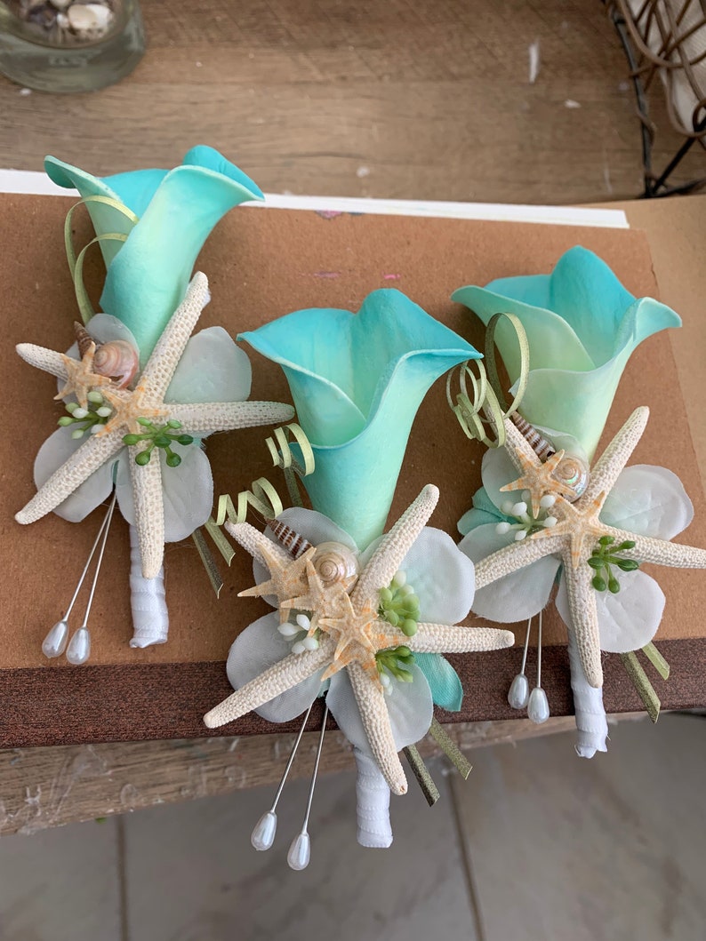 Custom Teal Calla Lily Boutonniere for Groom or Groomsmen with Starfish and Mixed Tiny Seashells Sea Grass image 2