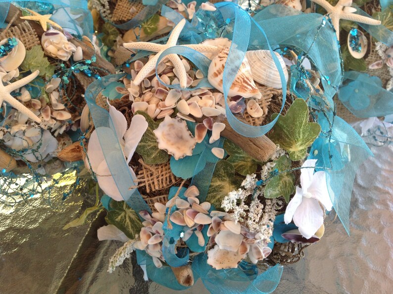 Kissing Ball Flower Girl Pomander in a Nautical Theme with Driftwood, Burlap, and Seashells Comes in any Color image 3