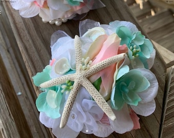 New Beach Flower Wrist Corsage for Special Events in Blush pink and Light Teal with Seashells and Diamond Trim