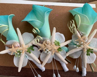 Custom Teal Calla Lily Boutonniere for Groom or Groomsmen with Starfish and Mixed Tiny Seashells Sea Grass