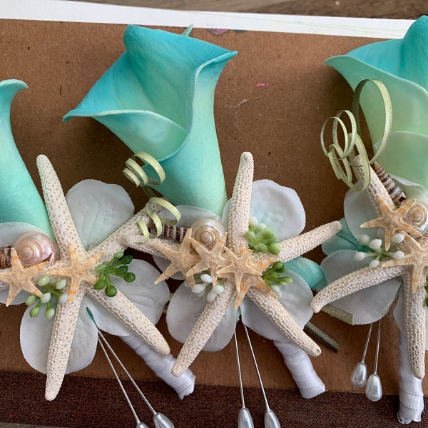 Custom Teal Calla Lily Boutonniere for Groom or Groomsmen with Starfish and Mixed Tiny Seashells Sea Grass
