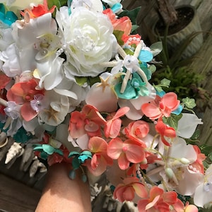 NEW Beautiful Seashell Cascade Beach Bridal Bouquet  Orchids Roses Starfish Sand Dollars Pearls n Diamonds in Teal and Coral