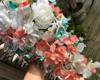 NEW Beautiful Seashell Cascade Beach Bridal Bouquet  Orchids Roses Starfish Sand Dollars Pearls n Diamonds in Teal and Coral