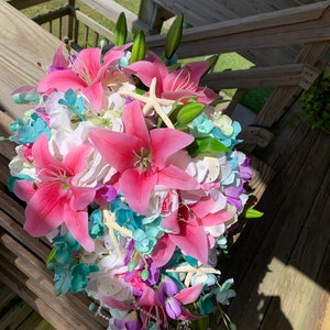 Seaside Seashell Stargazer Lily Bridal Cascade Beach Bouquet with Orchids Roses Starfish and Diamonds and Pearls image 3