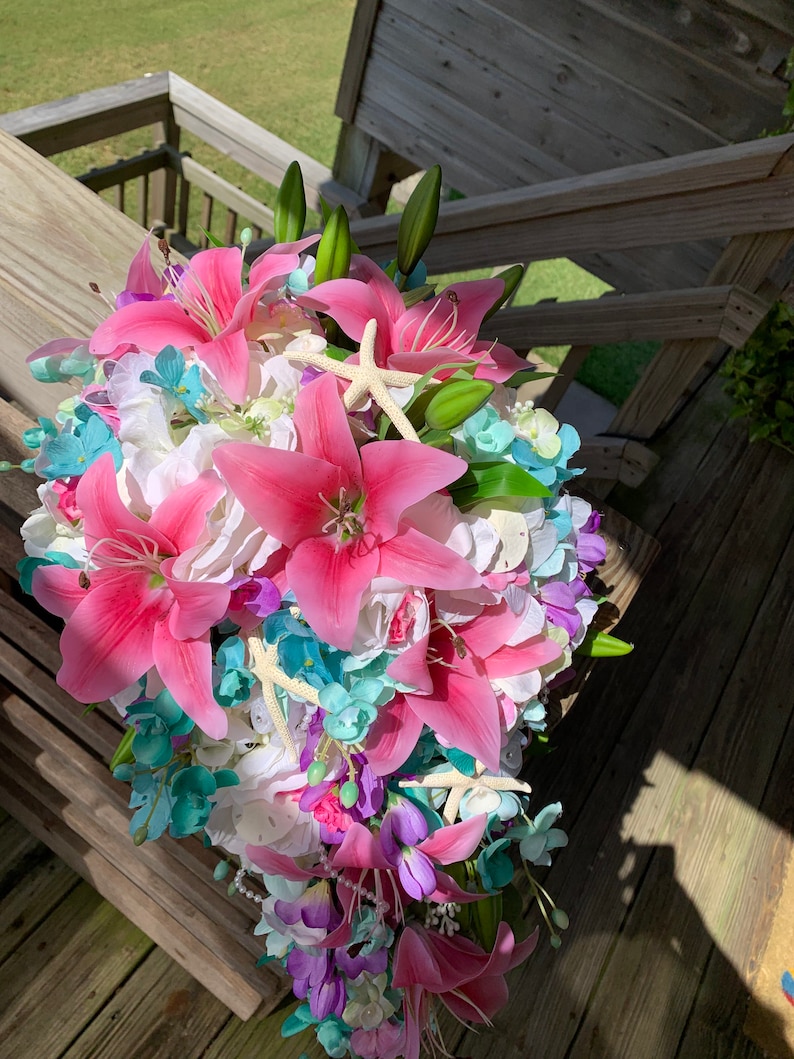 Seaside Seashell Stargazer Lily Bridal Cascade Beach Bouquet with Orchids Roses Starfish and Diamonds and Pearls image 3