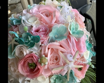 Blush Beach Bridal Bouquet of Orchids Peonies Hydrangea in Pinks and White with a touch of Light Teal Diamonds Pearls Starfish Sand Dollars