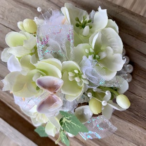 NEW Tropical Beach Flower Wrist Corsage for Special Events with Seashells and Pearl BraceletTrim