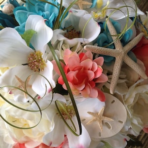 Seaside Bridal Bouquet with Dogwood, Hydrangea Sea Grasses Shells Pearls and Diamonds Fancy Handle Wrap