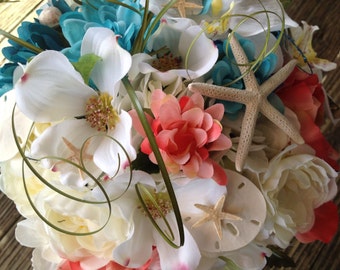 Seaside Bridal Bouquet with Dogwood, Hydrangea Sea Grasses Shells Pearls and Diamonds Fancy Handle Wrap
