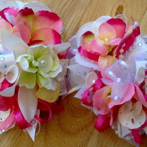 Beach Seashell Wrist Corsages for Special Events  You choose the color  Here is Bright Pink and White with Pearl Trim