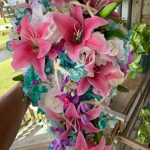 Seaside Seashell Stargazer Lily Bridal Cascade Beach Bouquet with Orchids Roses Starfish and Diamonds and Pearls image 8