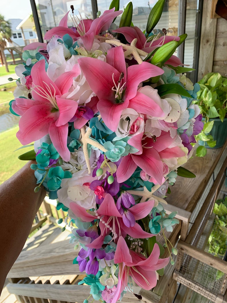 Seaside Seashell Stargazer Lily Bridal Cascade Beach Bouquet with Orchids Roses Starfish and Diamonds and Pearls image 8