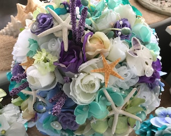 NEW Seaside Blues Beach Bridal Bouquet of Seashells Garden Roses Hydrangea Tiny Orchids Sweet Peas Diamonds Pearls Starfish Sand Dollars