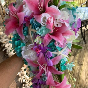 Seaside Seashell Stargazer Lily Bridal Cascade Beach Bouquet with Orchids Roses Starfish and Diamonds and Pearls image 9