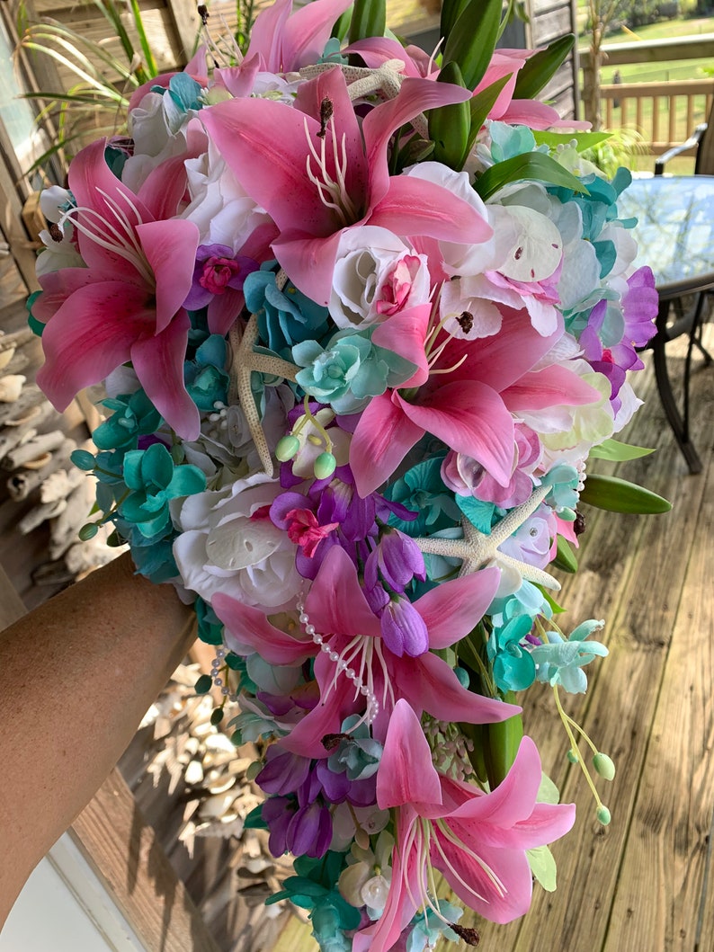 Seaside Seashell Stargazer Lily Bridal Cascade Beach Bouquet with Orchids Roses Starfish and Diamonds and Pearls image 9