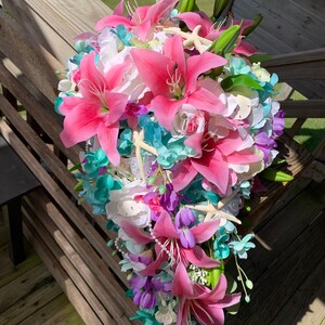 Seaside Seashell Stargazer Lily Bridal Cascade Beach Bouquet with Orchids Roses Starfish and Diamonds and Pearls image 5
