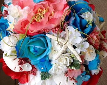 Beach Bridal Bouquet of Garden Roses Peonies Hydrangea in Malibu Blue and Coral Diamonds Pearls Starfish Sand Dollars Sea Grasses