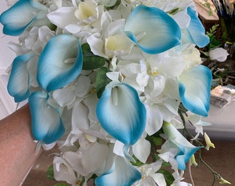 NEW Beautiful Cascade Bridal Beach Bouquet in White with Malibu Blue Tip Callas and White Orchids Seashells Starfish Pearl and Diamond Trims