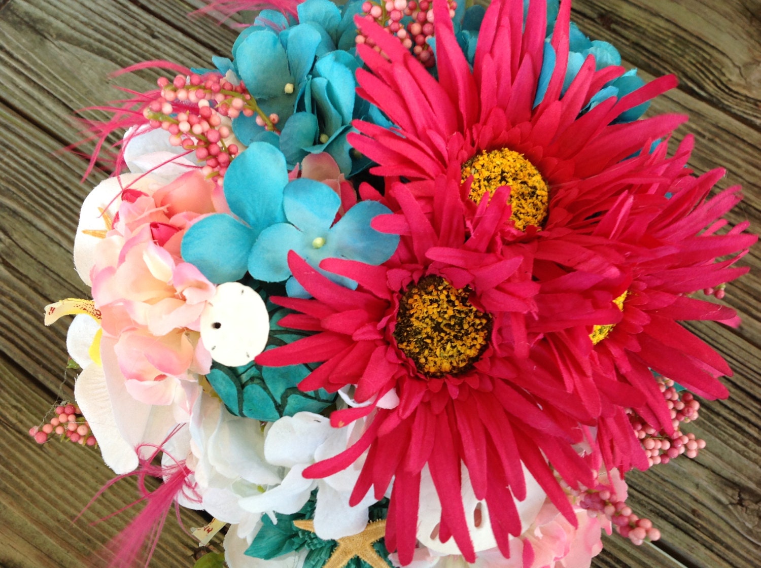 Natural Real Touch Artificial Silk Gerbera Daisy White/turquoise