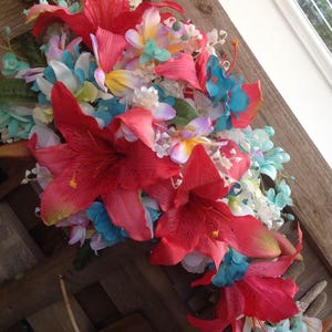 Seaside Seashell Oriental Lily Bridal Cascade Beach Bouquet with Plumeria Orchids Roses and Diamonds and Pearls