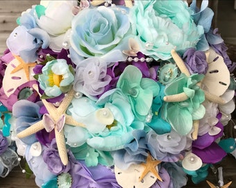 Blue and Lavender Beach Bridal Bouquet of Seashells Roses Hydrangea Orchids Sweet Peas Diamonds Pearls Starfish Sand Dollars