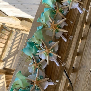 Custom Teal Calla Lily Boutonniere for Groom or Groomsmen with Starfish and Mixed Tiny Seashells Sea Grass image 5