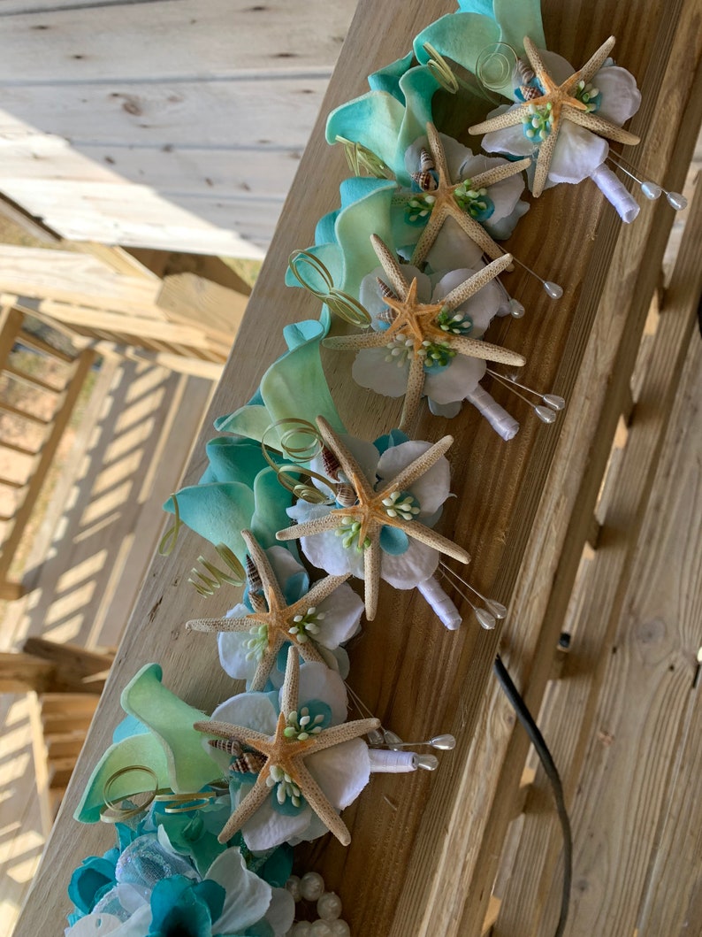 Custom Teal Calla Lily Boutonniere for Groom or Groomsmen with Starfish and Mixed Tiny Seashells Sea Grass image 5