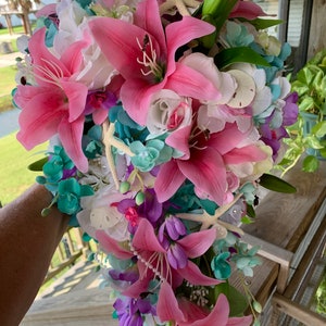 Seaside Seashell Stargazer Lily Bridal Cascade Beach Bouquet with Orchids Roses Starfish and Diamonds and Pearls image 6